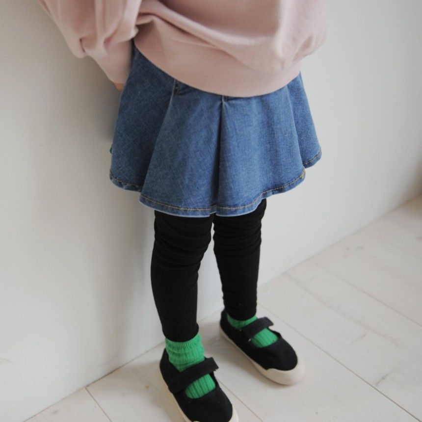 MOMO ANN - Korean Children Fashion - #Kfashion4kids - Pleats Denim Skirt Leggings