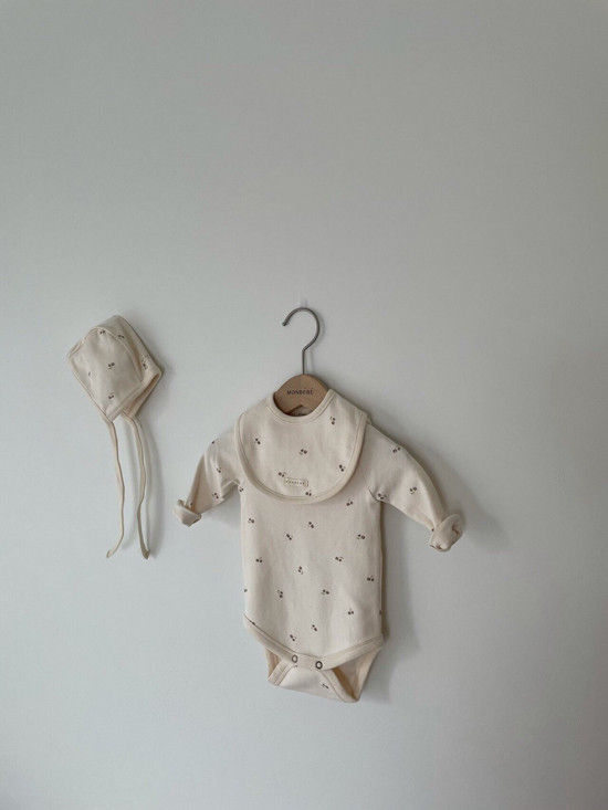 MONBEBE - Korean Children Fashion - #Kfashion4kids - Pastel Cherry Romper with Bib & Bonnet - 3