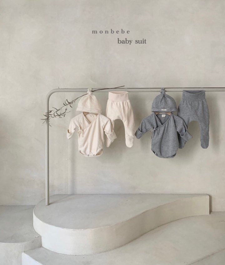 MONBEBE - Korean Children Fashion - #Kfashion4kids - Cotton New Born Romper with leggings & Beanie