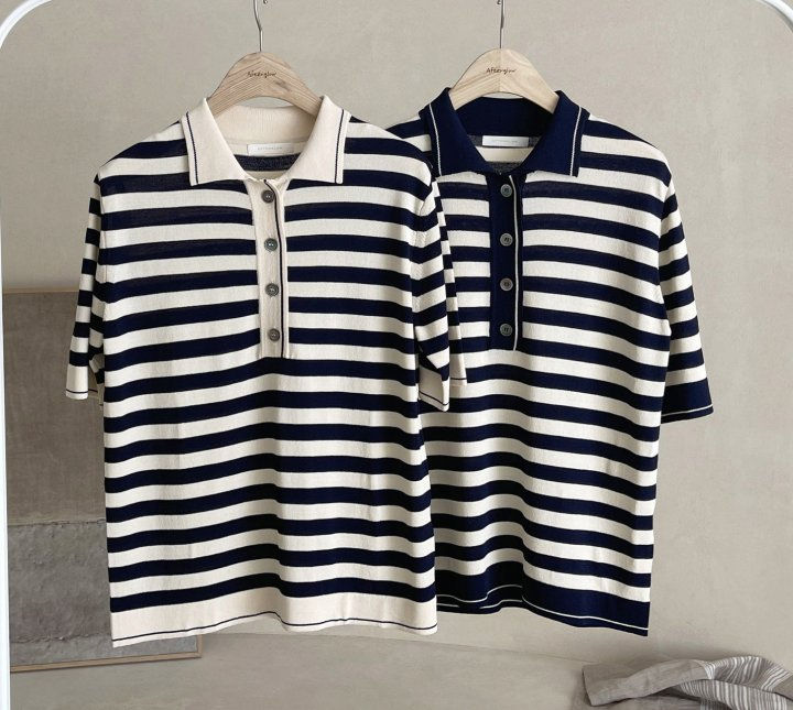 AFTERGLOW - Korean Women Fashion - #Kfashion - Collar Stripe Knit Top