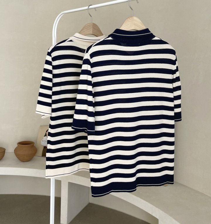 AFTERGLOW - Korean Women Fashion - #Kfashion - Collar Stripe Knit Top - 2