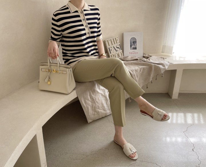 AFTERGLOW - Korean Women Fashion - #Kfashion - Collar Stripe Knit Top - 3