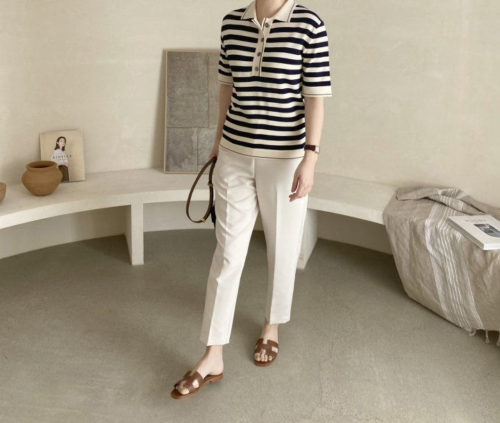 AFTERGLOW - Korean Women Fashion - #Kfashion - Collar Stripe Knit Top - 4