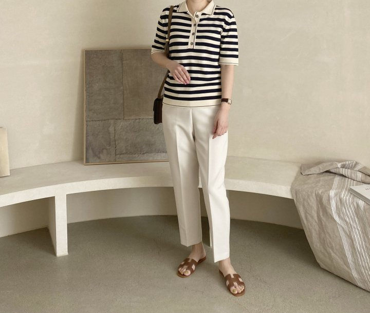 AFTERGLOW - Korean Women Fashion - #Kfashion - Collar Stripe Knit Top - 5