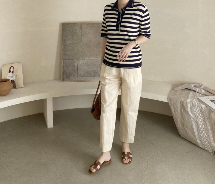 AFTERGLOW - Korean Women Fashion - #Kfashion - Collar Stripe Knit Top - 7