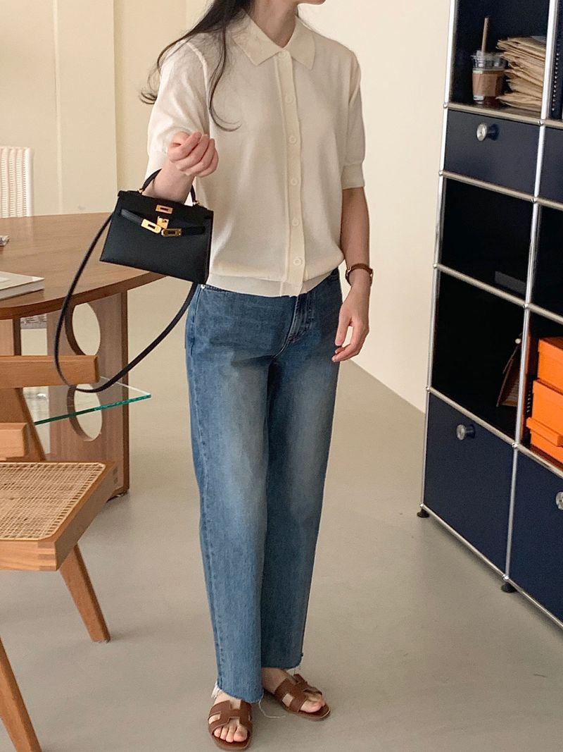 BOWEN - Korean Women Fashion - #Kfashion - Collar Short Sleeve Cardigan - 6