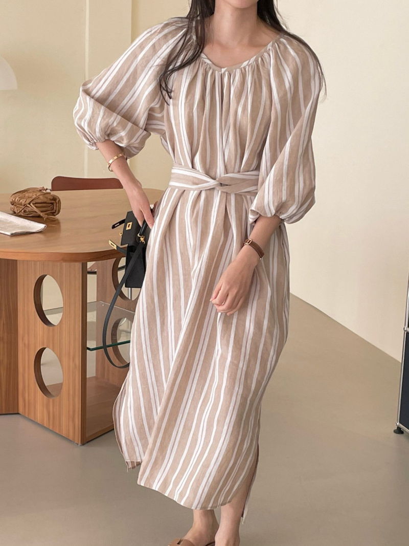 BOWEN - Korean Women Fashion - #Kfashion - Stripe Linen One-piece