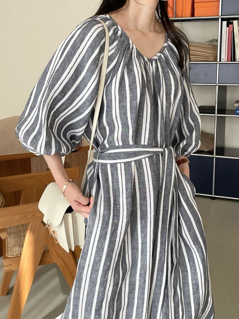 BOWEN - Korean Women Fashion - #Kfashion - Stripe Linen One-piece - 10