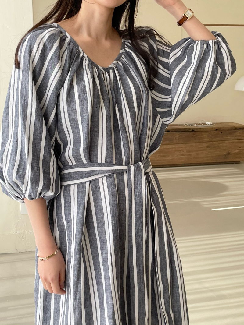 BOWEN - Korean Women Fashion - #Kfashion - Stripe Linen One-piece - 3