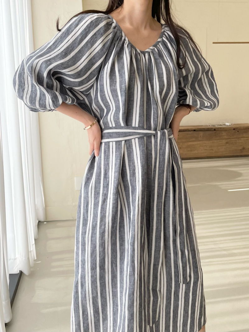 BOWEN - Korean Women Fashion - #Kfashion - Stripe Linen One-piece - 4