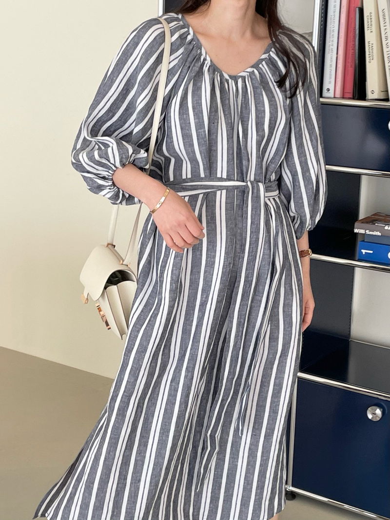 BOWEN - Korean Women Fashion - #Kfashion - Stripe Linen One-piece - 5