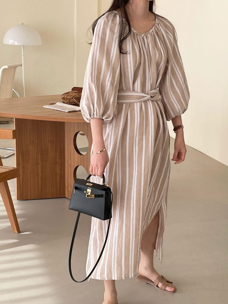 BOWEN - Korean Women Fashion - #Kfashion - Stripe Linen One-piece - 8