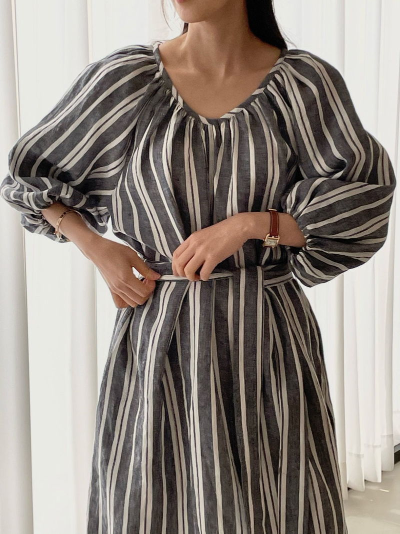 BOWEN - Korean Women Fashion - #Kfashion - Stripe Linen One-piece - 9