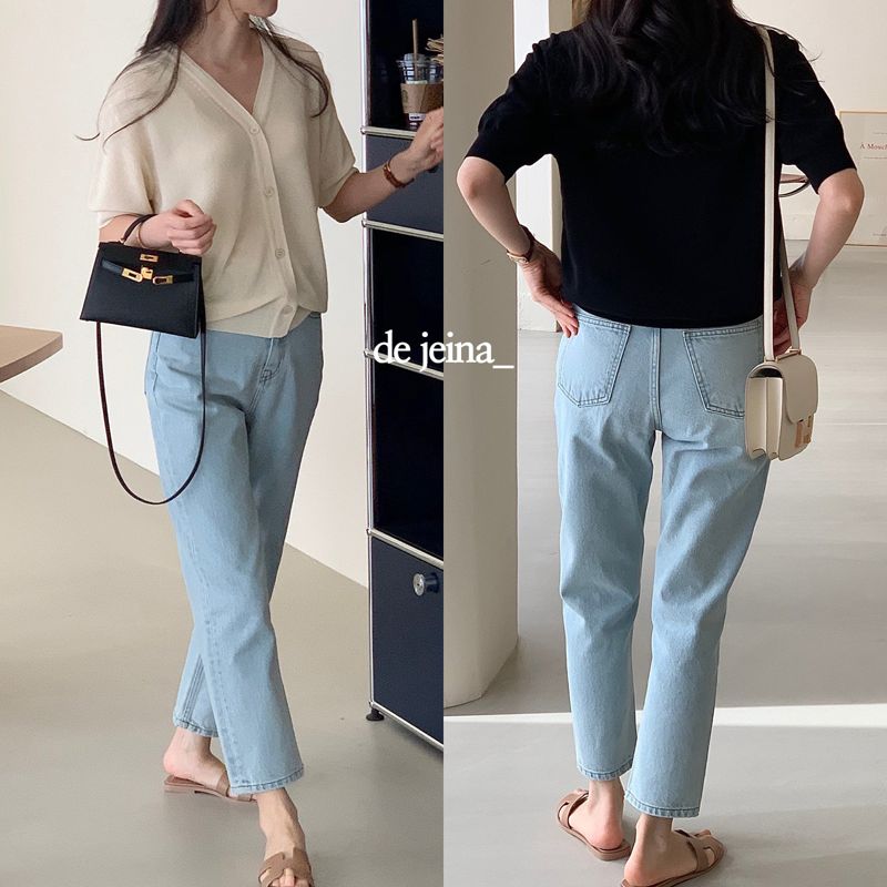 BOWEN - Korean Women Fashion - #Kfashion - Beige Blue Denim Pants