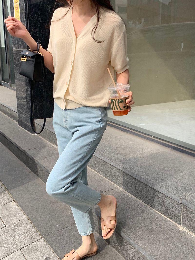 BOWEN - Korean Women Fashion - #Kfashion - Beige Blue Denim Pants - 9