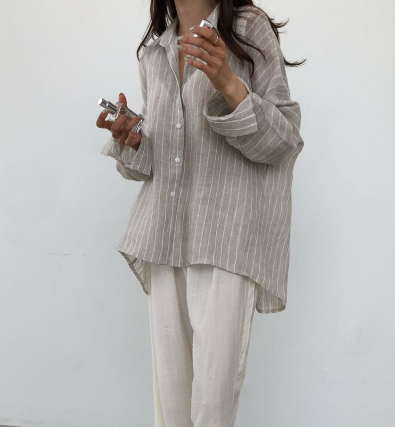 COCO J - Korean Women Fashion - #Kfashion - Stripe Linen Shirt - 2