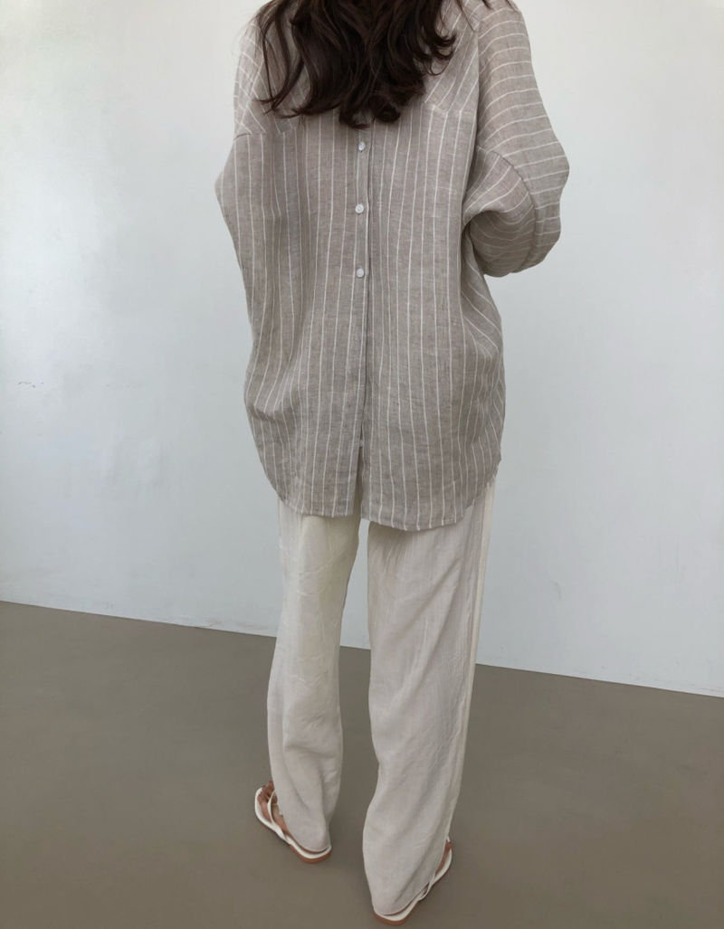 COCO J - Korean Women Fashion - #Kfashion - Stripe Linen Shirt - 3