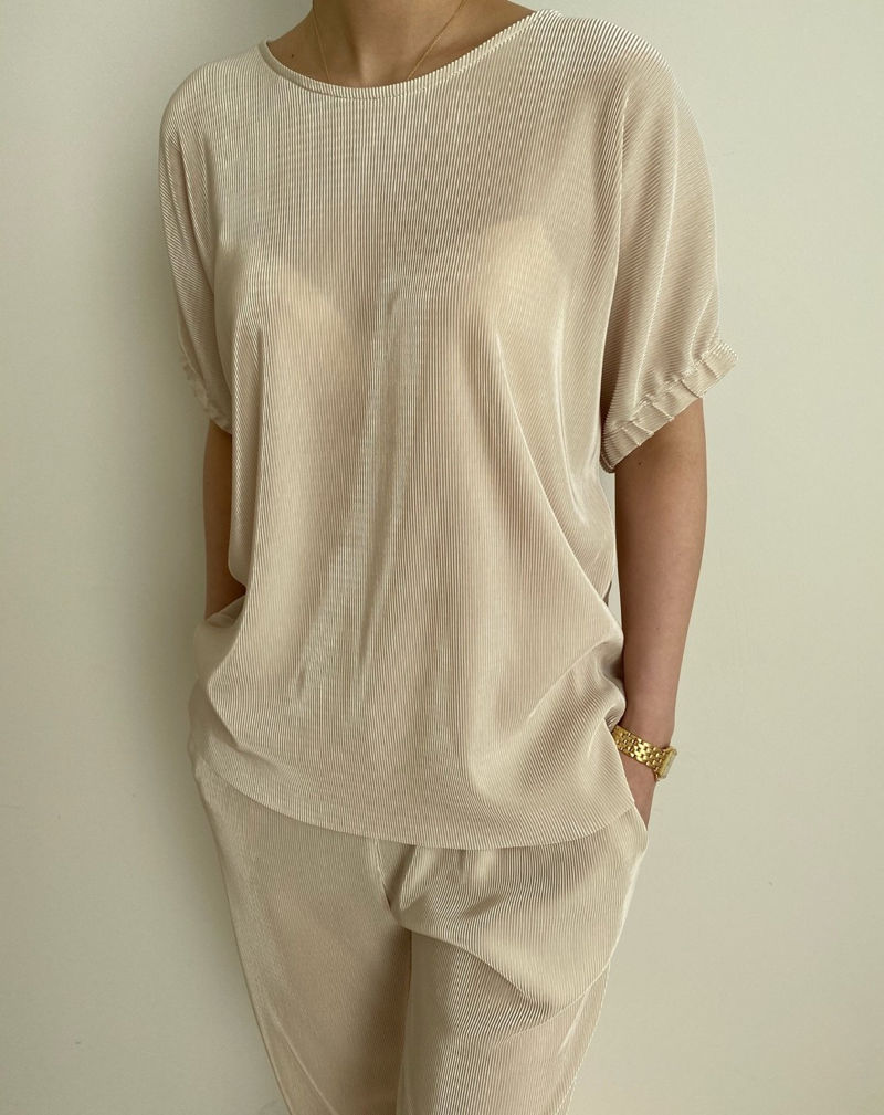 MERRY J - Korean Women Fashion - #Kfashion - Shinning Pleats Top Bottom Set - 2