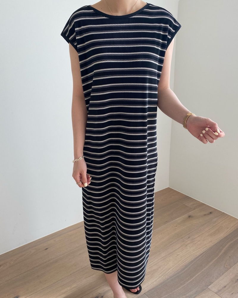 MERRY J - Korean Women Fashion - #Kfashion - Pleats Stripe One-piece - 4