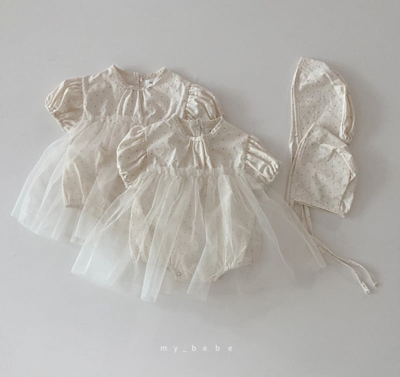 MY BEBE - Korean Children Fashion - #Kfashion4kids - Dot Sha Bodysuit with Bonnet