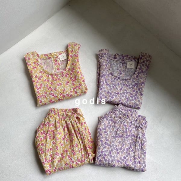 GODIS - Korean Children Fashion - #Kfashion4kids - Gauze Flower Top Bottom Set - 2