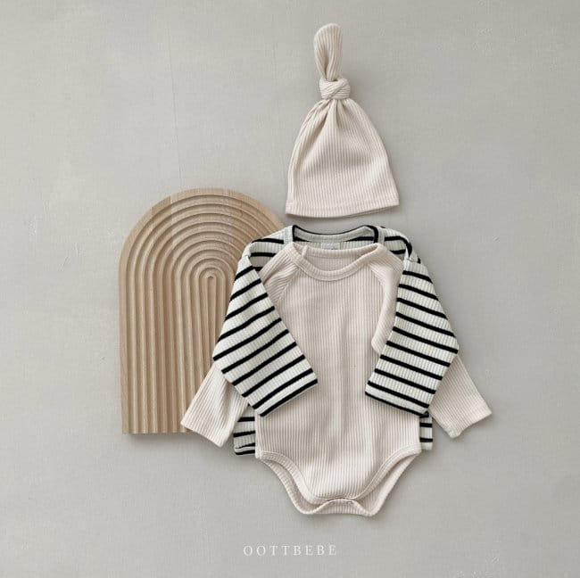 OOTT BEBE - Korean Children Fashion - #Kfashion4kids - Rib Bodysuit Cardigan Bonnet Set - 12