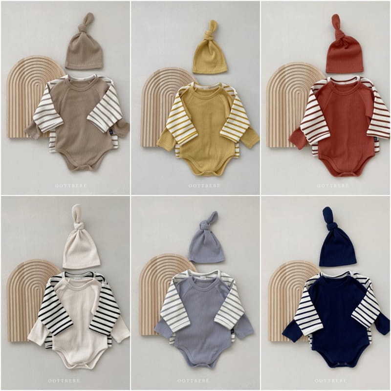 OOTT BEBE - Korean Children Fashion - #Kfashion4kids - Rib Bodysuit Cardigan Bonnet Set - 2