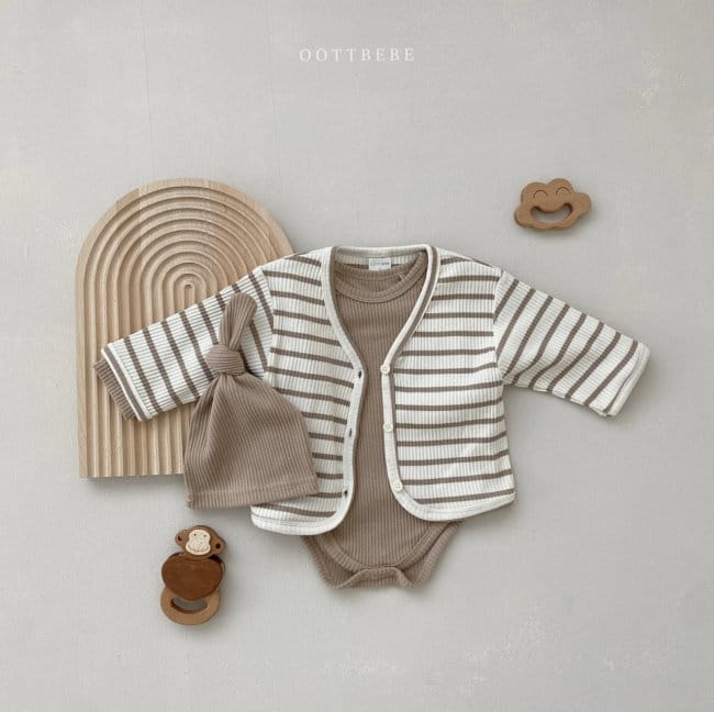OOTT BEBE - Korean Children Fashion - #Kfashion4kids - Rib Bodysuit Cardigan Bonnet Set - 4