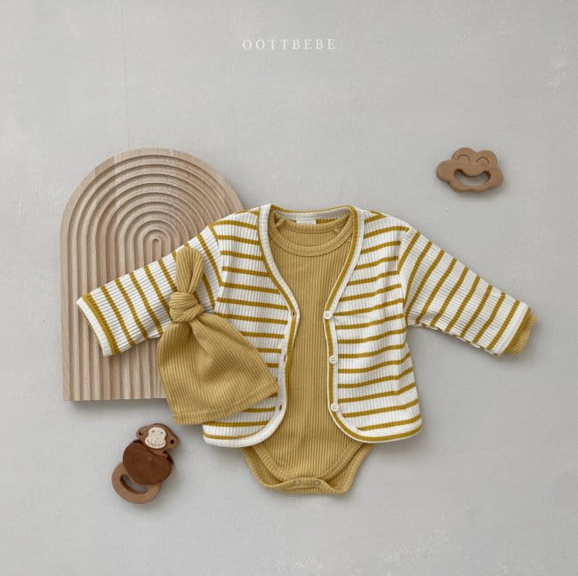 OOTT BEBE - Korean Children Fashion - #Kfashion4kids - Rib Bodysuit Cardigan Bonnet Set - 6