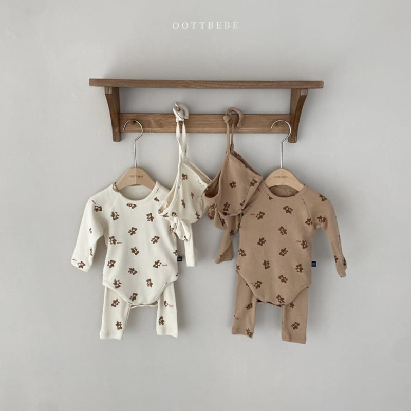 OOTT BEBE - Korean Children Fashion - #Kfashion4kids - Hear Teddy Bonnet Leggings Bodysuit Set