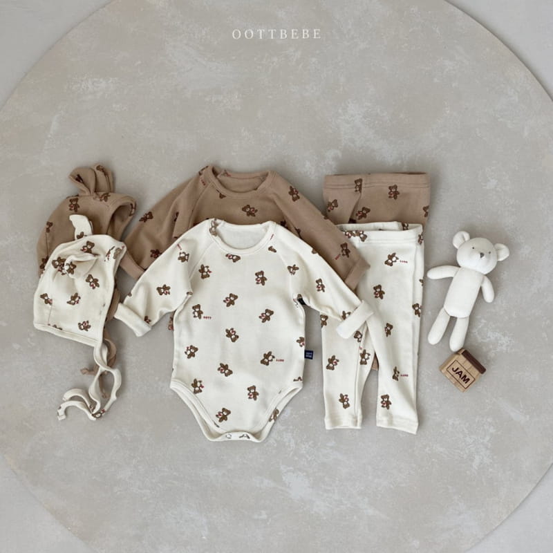 OOTT BEBE - Korean Children Fashion - #Kfashion4kids - Hear Teddy Bonnet Leggings Bodysuit Set - 12