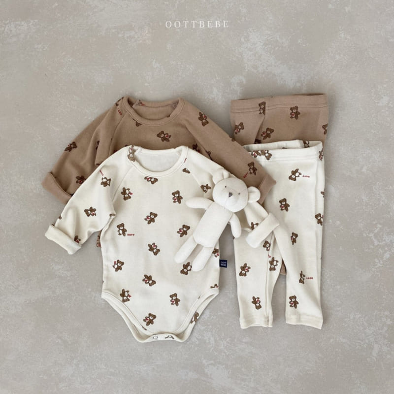 OOTT BEBE - Korean Children Fashion - #Kfashion4kids - Hear Teddy Bonnet Leggings Bodysuit Set - 4