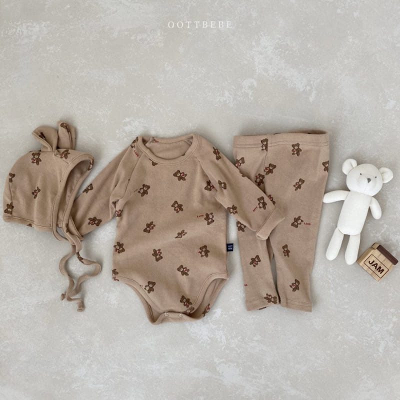 OOTT BEBE - Korean Children Fashion - #Kfashion4kids - Hear Teddy Bonnet Leggings Bodysuit Set - 7