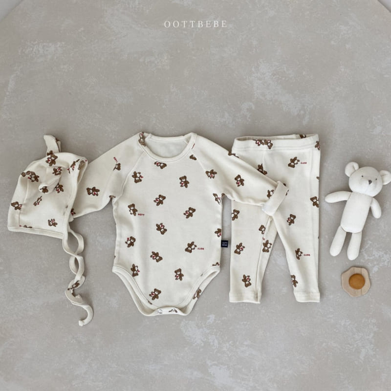 OOTT BEBE - Korean Children Fashion - #Kfashion4kids - Hear Teddy Bonnet Leggings Bodysuit Set - 8