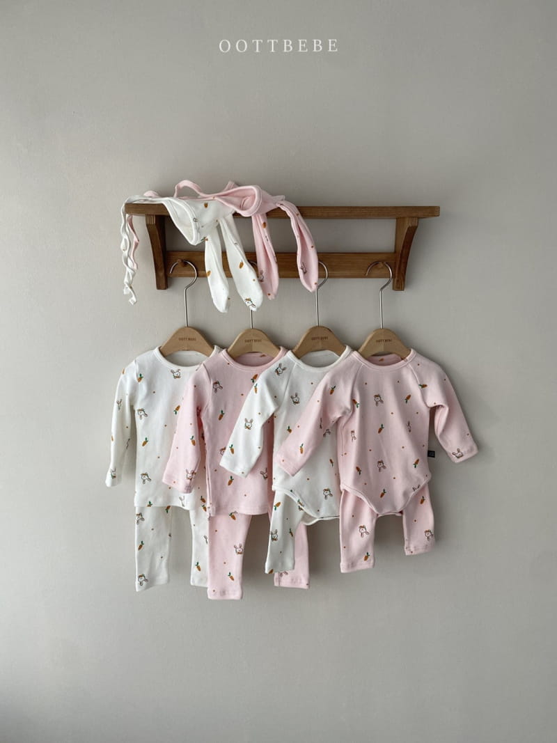 OOTT BEBE - Korean Children Fashion - #Kfashion4kids - Carrot Barney Bonnet Leggings Bodysuit Set