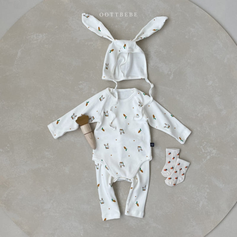 OOTT BEBE - Korean Children Fashion - #Kfashion4kids - Carrot Barney Bonnet Leggings Bodysuit Set - 12