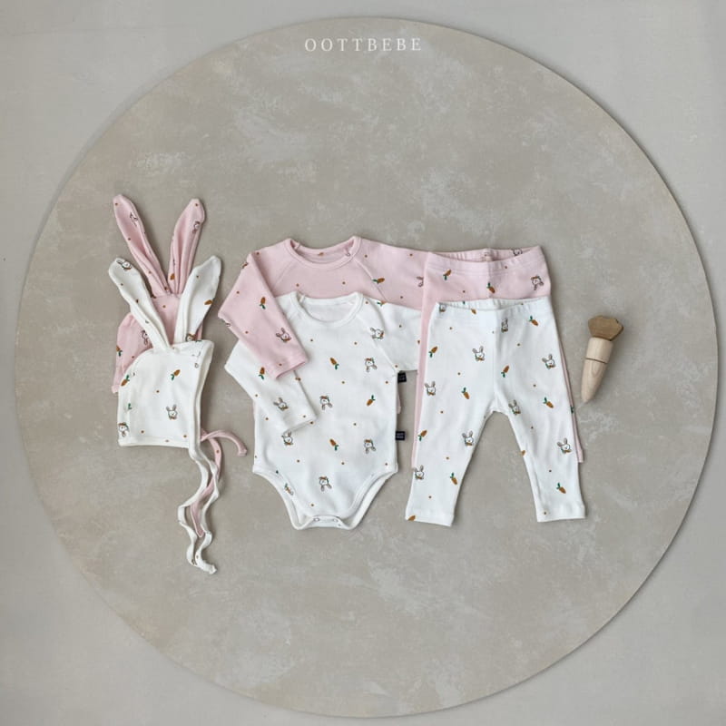 OOTT BEBE - Korean Children Fashion - #Kfashion4kids - Carrot Barney Bonnet Leggings Bodysuit Set - 3