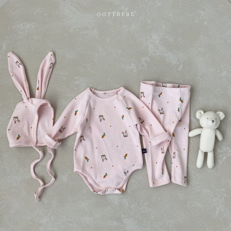 OOTT BEBE - Korean Children Fashion - #Kfashion4kids - Carrot Barney Bonnet Leggings Bodysuit Set - 8