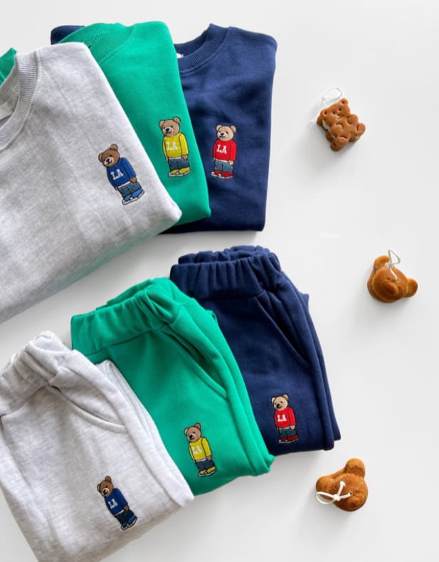 DSAINT - Korean Children Fashion - #Kfashion4kids - La Bear Embroidery Top Bottom Set