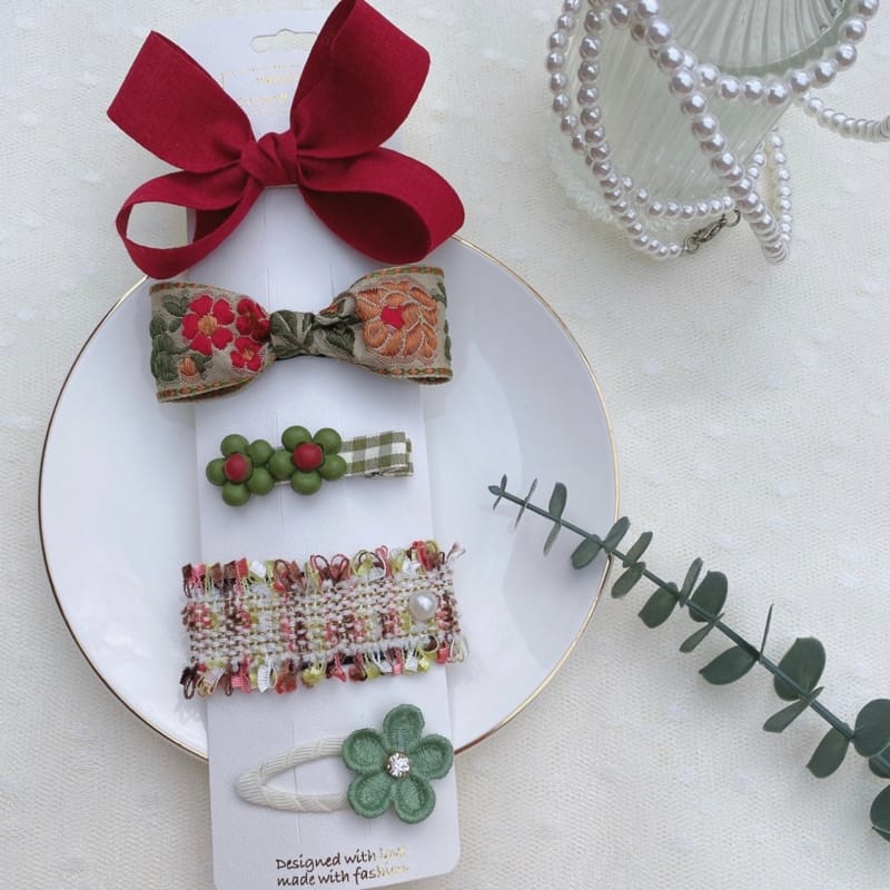 MINS - Korean Children Fashion - #Kfashion4kids - Burgundy Flower Hairpin [set of 5]