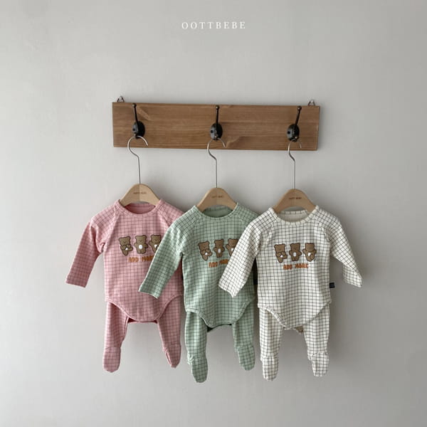 OOTT BEBE - Korean Children Fashion - #Kfashion4kids - Check Bear Romper with Leggings & Bonnet