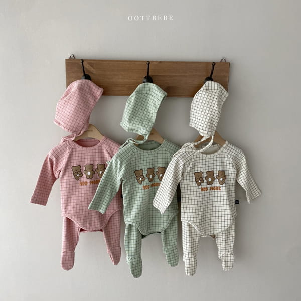 OOTT BEBE - Korean Children Fashion - #Kfashion4kids - Check Bear Romper with Leggings & Bonnet - 12