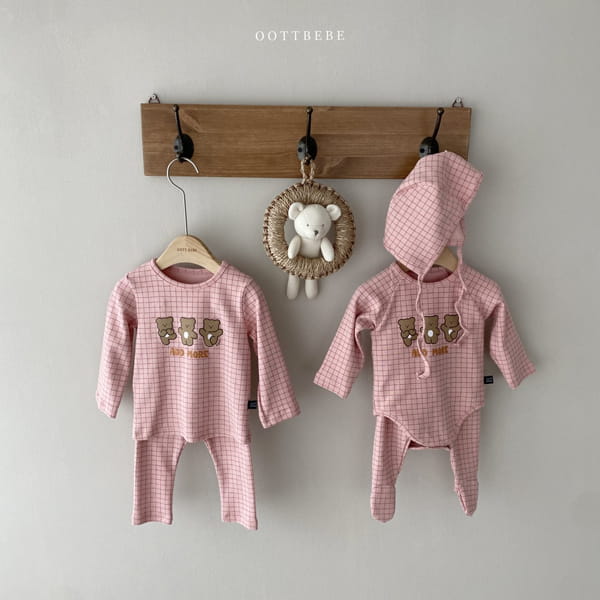 OOTT BEBE - Korean Children Fashion - #Kfashion4kids - Check Bear Romper with Leggings & Bonnet - 2