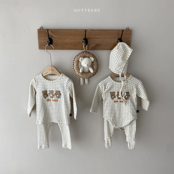 OOTT BEBE - Korean Children Fashion - #Kfashion4kids - Check Bear Romper with Leggings & Bonnet - 3