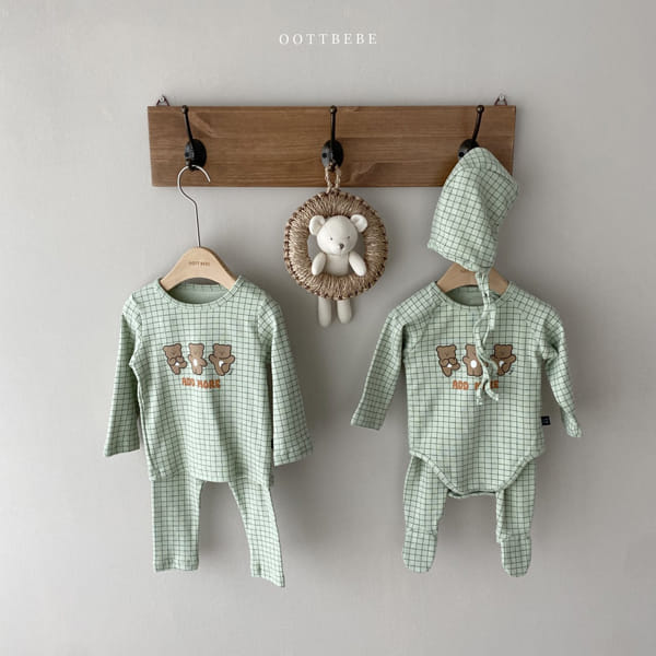 OOTT BEBE - Korean Children Fashion - #Kfashion4kids - Check Bear Romper with Leggings & Bonnet - 4