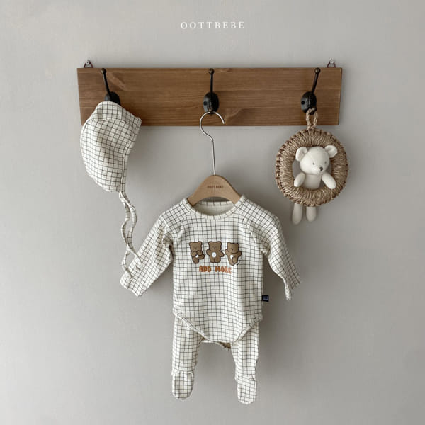 OOTT BEBE - Korean Children Fashion - #Kfashion4kids - Check Bear Romper with Leggings & Bonnet - 5