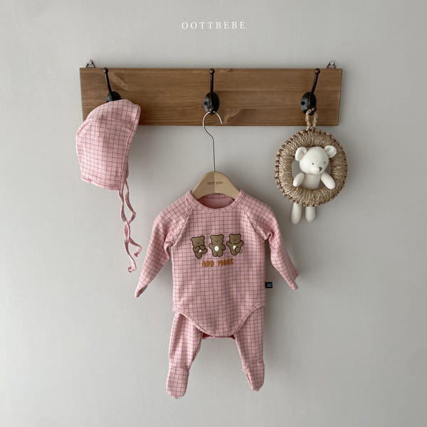 OOTT BEBE - Korean Children Fashion - #Kfashion4kids - Check Bear Romper with Leggings & Bonnet - 6