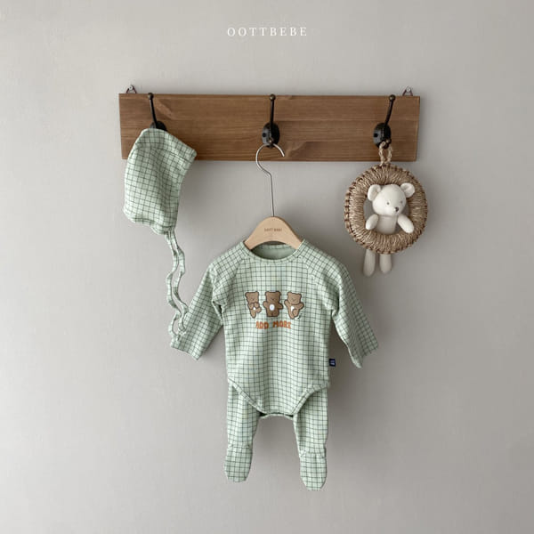 OOTT BEBE - Korean Children Fashion - #Kfashion4kids - Check Bear Romper with Leggings & Bonnet - 7