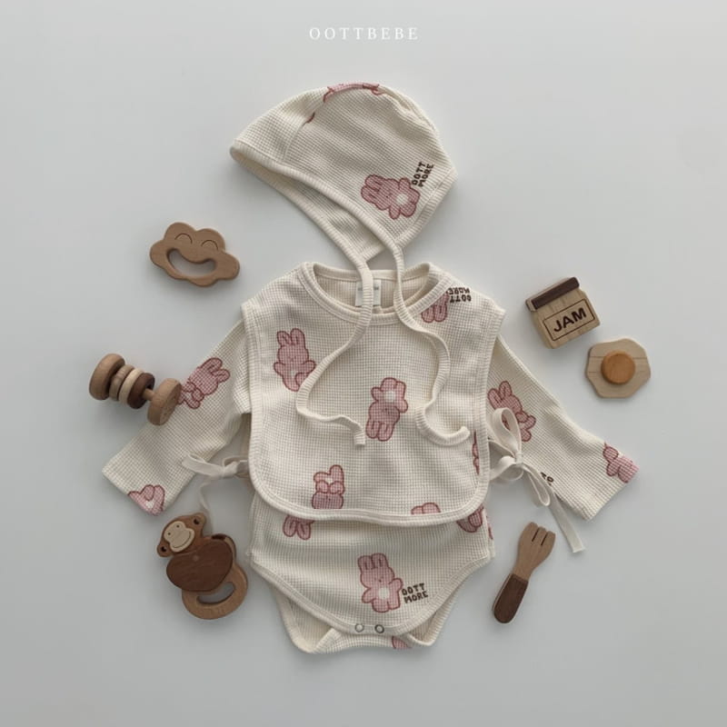 OOTT BEBE - Korean Children Fashion - #Kfashion4kids - Waffle More Bodysuit Bib Bonnet Set