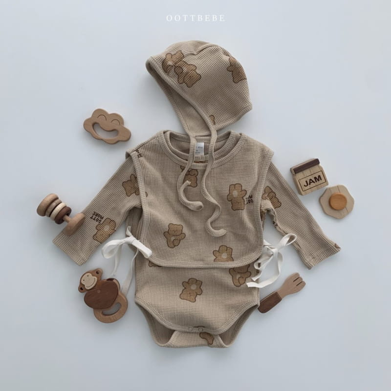 OOTT BEBE - Korean Children Fashion - #Kfashion4kids - Waffle More Bodysuit Bib Bonnet Set - 2